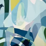 Detail photo of " Waiting For Spring" painting by Neill Wright artist from Johannesburg, South Africa. Available at Carousel Fine Art Miami. The artist's technique involves superimposing flora patterns via stencil and portraying them in acrylic and spray paint on canvas. Colors this work hues of : Blue, Green, Yellow, Grey, White