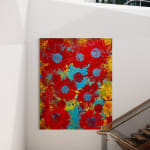 Simulation of Cuban artist Jorge Luis Santos's painting "Rojo y Azul," in an interior space.