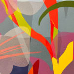 Detail photo of " A Day To Remember" painting by Neill Wright artist from Johannesburg, South Africa. Available at Carousel Fine Art Miami. The artist's technique involves superimposing flora patterns via stencil and portraying them in acrylic and spray paint on canvas. Colors this work hues of : Blues, Green, Red, Orange, Pink, Yellow, Purple, Grey