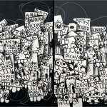 “Into Space”, Diptych painting by Flore artist from Brooklyn, based between Florida and NY. Available at Carousel Fine Art Chicago. The artist's technique combines acrylic on canvas with a blend of pop and street art. Layered words and hidden meanings reveal society's complexities, while the vibrant colors invite viewers to explore and interpret the unfolding story. Colors of this work : Black, White