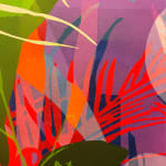 Detail photo of " A Day To Remember" painting by Neill Wright artist from Johannesburg, South Africa. Available at Carousel Fine Art Miami. The artist's technique involves superimposing flora patterns via stencil and portraying them in acrylic and spray paint on canvas. Colors this work hues of : Blues, Green, Red, Orange, Pink, Yellow, Purple, Grey