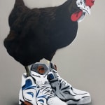 “Chicken at the Top Reebok (Black)”, mixed media work on recycled card stock by BYC artist, from Switzerland. Available at Carousel Fine Art Atlanta