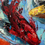 Detail photo of "Dancing in the Water,” painting by Eric Alfaro artist from Cuba, based in the United States. Available at Carousel Fine Art Miami. The artist’s technique transforms acrylic paint with his spatula into unforgettable imagery. His impasto texture captivates, while his use of color and contrast adds striking depth. Colors of this work : Blue, Yellow, Orange, Aqua, Teal, Red, Pink, Grey, Black, White