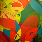 Detail photo of " Grab Our Things And Go" painting by Neill Wright artist from Johannesburg, South Africa. Available at Carousel Fine Art Miami. The artist's technique involves superimposing flora patterns via stencil and portraying them in acrylic and spray paint on canvas. Colors this work hues of : Blue, Green, Red, Orange, Pink, Yellow, Brown