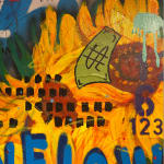 Detail photo of "Sunflowers Andy” mixed media work by Jisbar artist from France, based in Portugal. Available at Carousel Fine Art Miami. The artist’s hyper-saturated works blend Pop art with cultural references from fashion, music, and street art. He is known for his colorful, cryptic reinterpretations of iconic art history figures in mixed media on canvas. Colors of this work : Blue, Green, Red, Pink, Yellow, Purple, Black, Brown, Grey, White