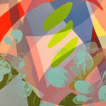Detail photo of " Inside Out" painting by Neill Wright artist from Johannesburg, South Africa. Available at Carousel Fine Art Miami. The artist's technique involves superimposing flora patterns via stencil and portraying them in acrylic and spray paint on canvas. Colors this work hues of : Blues, Green, Red, Orange, Pink, Yellow, Purple, Grey