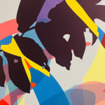Detail photo of " Inside Out" painting by Neill Wright artist from Johannesburg, South Africa. Available at Carousel Fine Art Miami. The artist's technique involves superimposing flora patterns via stencil and portraying them in acrylic and spray paint on canvas. Colors this work hues of : Blues, Green, Red, Orange, Pink, Yellow, Purple, Grey