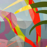 Detail photo of " A Day To Remember" painting by Neill Wright artist from Johannesburg, South Africa. Available at Carousel Fine Art Miami. The artist's technique involves superimposing flora patterns via stencil and portraying them in acrylic and spray paint on canvas. Colors this work hues of : Blues, Green, Red, Orange, Pink, Yellow, Purple, Grey.