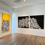 “Into Space”, Diptych painting by Flore artist from Brooklyn, based between Florida and NY. Available at Carousel Fine Art Chicago. The artist's technique combines acrylic on canvas with a blend of pop and street art. Layered words and hidden meanings reveal society's complexities, while the vibrant colors invite viewers to explore and interpret the unfolding story. Colors of this work : Black, White