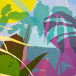 Detail photo of " A Day To Remember" painting by Neill Wright artist from Johannesburg, South Africa. Available at Carousel Fine Art Miami. The artist's technique involves superimposing flora patterns via stencil and portraying them in acrylic and spray paint on canvas. Colors this work hues of : Blues, Green, Red, Orange, Pink, Yellow, Purple, Grey