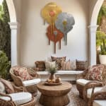 Simulation off Hamilton Aguiar's "Flowers," displayed in a luxury home exterior.