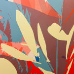 Detail photo of " Inside Out" painting by Neill Wright artist from Johannesburg, South Africa. Available at Carousel Fine Art Miami. The artist's technique involves superimposing flora patterns via stencil and portraying them in acrylic and spray paint on canvas. Colors this work hues of : Blues, Green, Red, Orange, Pink, Yellow, Purple, Grey