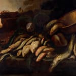 ELENA RECCO, Still life with fish and shells upon a stone ledge before a copper bowl