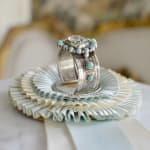 Jill Garber, Very fine recessed in black jet 19th Century tesserae micro mosaic cuff bracelet with green Royston turquoise surround