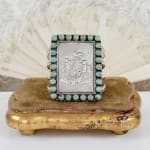 Jill Garber, Very fine recessed in black jet 19th Century tesserae micro mosaic cuff bracelet with green Royston turquoise surround