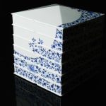Terauchi Shinji 寺内信二, Six-tiered house shaped box with moon and arabesque designs 染付月輪花唐草 家型六段重, 2024