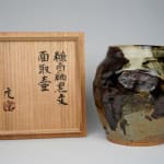 Murata Gen 村田 元, Faceted Jar, Black on Rice Husk Glaze 糠白釉黒文面取壺