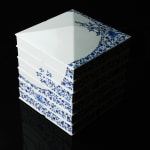 Terauchi Shinji 寺内信二, Six-tiered house shaped box with moon and arabesque designs 染付月輪花唐草 家型六段重, 2024