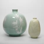 Inoue Manji 井上萬二, Light Green Glazed Large Jar with Carved Floral Design青磁白磁彫文壷