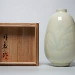 Inoue Manji 井上萬二, Light Green Glazed Large Jar with Carved Floral Design青磁白磁彫文壷