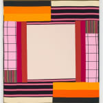 Vertical rectangular textile piece. The center is a large cream square. To left and right are stripes and grids in bright pink, magenta, and dark orange. The top right and bottom left corners are blocks of black, brown, cream, and hot pink stripes. The top left and bottom right corners are blocks of cream, brown, black, orange, and yellow-orange stripes.