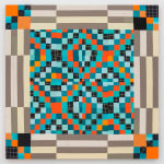 Square textile piece. In the center and corners are small squares in shades of orange, blue, and black and white grid alternating to form X patterns. Around the borders are stripes of brown, cream, and tan.