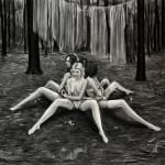 A charcoal drawing of four woman in lingerie seated back to back in the woods with their legs bent outward mimicking the legs of a spider.