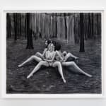A framed charcoal drawing of four woman in lingerie seated back to back in the woods with their legs bent outward mimicking the legs of a spider.