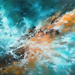 Beyond All Boundaries, blue, orange, black, white, big artwork, long artwork, abstract, nature, christopher, american artist, london, london art gallery, artwork for sale, fitzrovia, amercian art, pennsylvania
