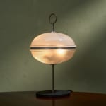 Sculptural Totem Table Lamp in Dark Textured Glass and Lacquered Wood, 1970's