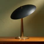 Rationalist Table Lamp in Green Lacquered Metal and Brass with Adjustable Shade, Italy, 1950's