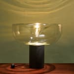 Sculptural Totem Table Lamp in Dark Textured Glass and Lacquered Wood, 1970's