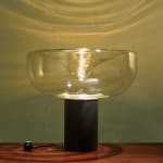 Sculptural Totem Table Lamp in Dark Textured Glass and Lacquered Wood, 1970's