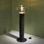 Sculptural Totem Table Lamp in Dark Textured Glass and Lacquered Wood, 1970's