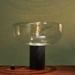 Sculptural Totem Table Lamp in Dark Textured Glass and Lacquered Wood, 1970's