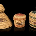 UNIDENTIFIED NUU-CHAH-NULTH ARTISTS, Two Miniature Baskets and a Miniature Rain Hat, 1990s