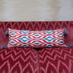 Red and Blue Silk Cotton Ikat Cushion with Bespoke Tassels
