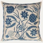 Unique Suzani Cushion with Blue Silk Hand Embroidered Floral Motifs on Silk & Cotton Base Cloth