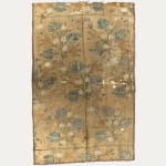 Fragment of embroidery, green, blue and cream taffeta with sprays of flowers