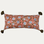 Dark Salmon Pink with Sage Green and Delft Blue Indian Floral Hand Block Cushion