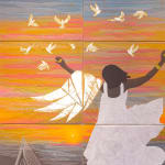 Joana Choumali, The Wind ounds Like Peace, 2025. Girl on the bridge of Abidjan with birds flying around her