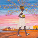 Joana Choumali, I Walk Around with my Dreams in my Hands, 2025. Embroidered photograph of a girl with star in Essaouira