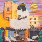 Joana Choumali, But we Don't Put All the Birds in Cages, 2025. Girl sat on a roof with birds around her