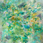 Abstract painting in hues of green by Kuwaiti artist Latifa Alajlan