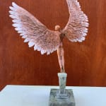 Bronze sculpture of mythical Greek winged figure Icarus by Nicola Godden, displayed on integral plinth