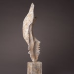 Abstract bronze sculpture of Bone form by sculptor Nicola Godden, displayed on plinth