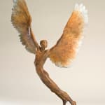 Figurative bronze sculpture of mythical Greek winged figure Icarus by Nicola Godden, displayed on plinth.