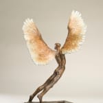 Figurative bronze sculpture of mythical Greek winged figure Icarus by Nicola Godden, displayed on plinth.