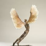 Figurative bronze sculpture of mythical Greek winged figure Icarus by Nicola Godden, displayed on plinth.