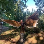 Bronze resin sculpture of mythical Greek winged figure Icarus by Nicola Godden, displayed on integral stone plinth